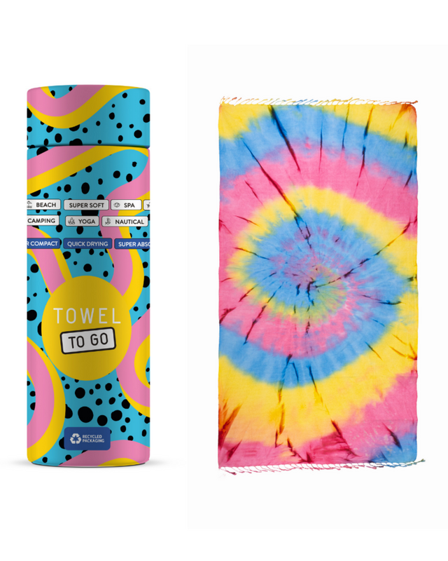 HANDDOEK TO GO TIE DYE Strandlaken 180x100 cm | Sneldrogende zwembadhanddoek | Blauw / Geel | met geschenkdoos