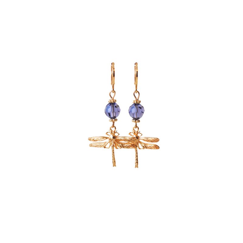 Oorbellen met libelle 24K goldplated en swarovski crystal paars
