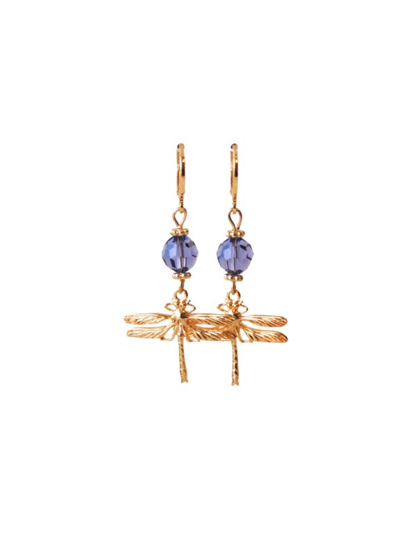 Oorbellen met libelle 24K goldplated en swarovski crystal paars