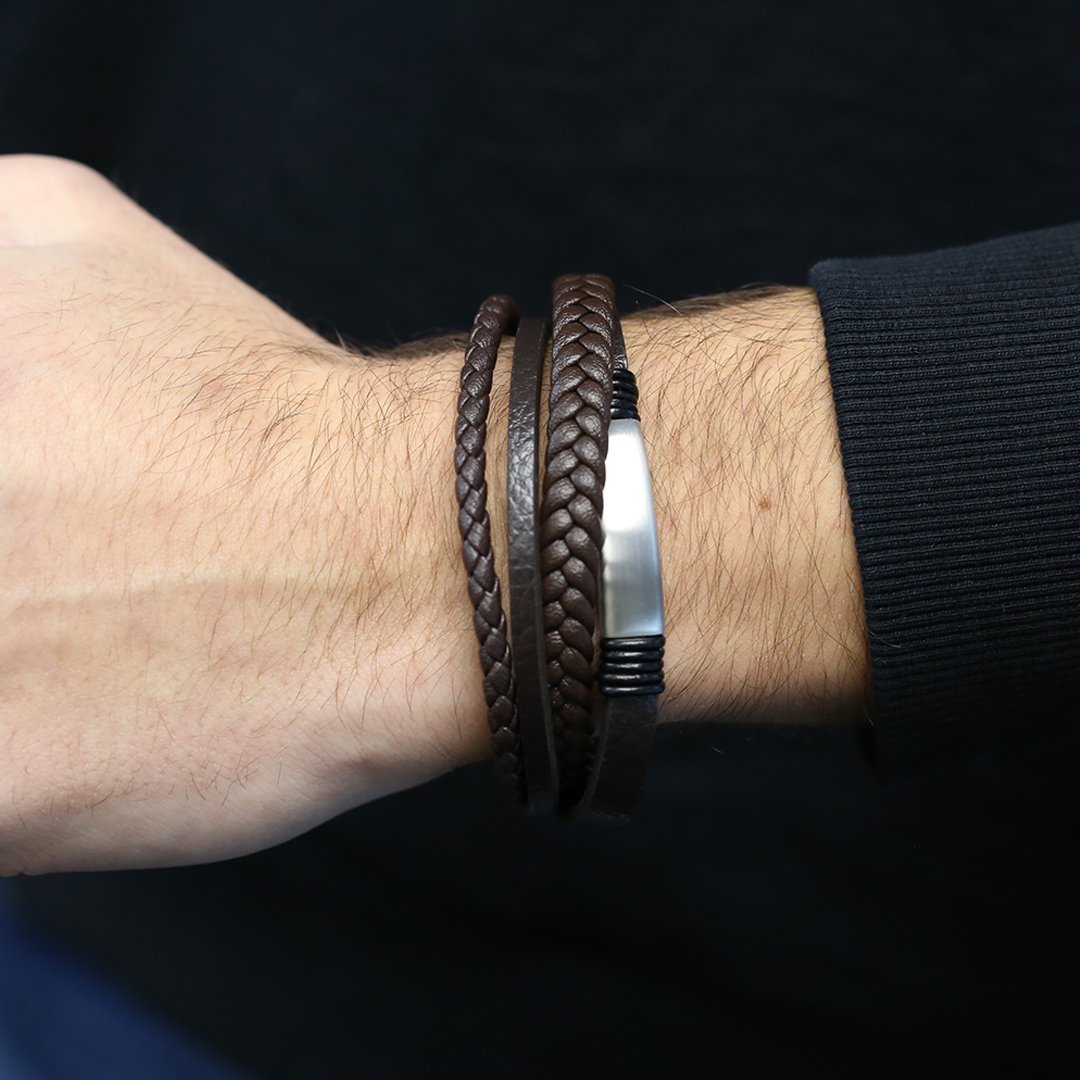 Frank 1967 Leather 7FB-0380 Leren Heren armband - 20 cm - Zilverkleurig / Bruin