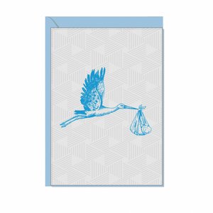 Faltkarte hoch, STORCH MIT BABY, blau