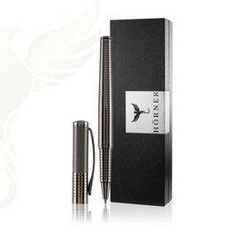 A sleek, black rollerball pen with a modern, minimalist design. Ideal for office use or everyday writing.