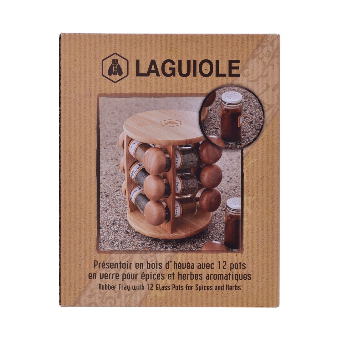 LAGUIOLE PRESENTOIR TACA EPICE Z 12 SZKLANYMI POJEMNIKAMI NA PRZYPRAWY