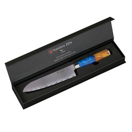 Couteau Katahiro Zen 7" Damascus Santoku, acier Damas japonais VG-10, bois de loupe d'érable blanc et manche en résine acrylique bleue