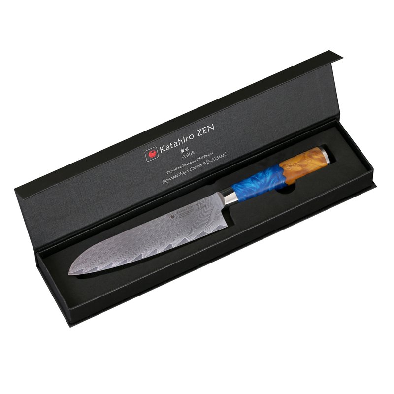 Couteau Katahiro Zen 7" Damascus Santoku, acier Damas japonais VG-10, bois de loupe d'érable blanc et manche en résine acrylique bleue