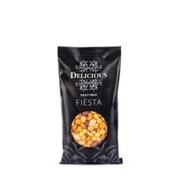 Fiesta mix - Party mix, a bag of savory and crunchy corn-based snack mix with a variety of flavors and shapes, including round and irregular pieces.