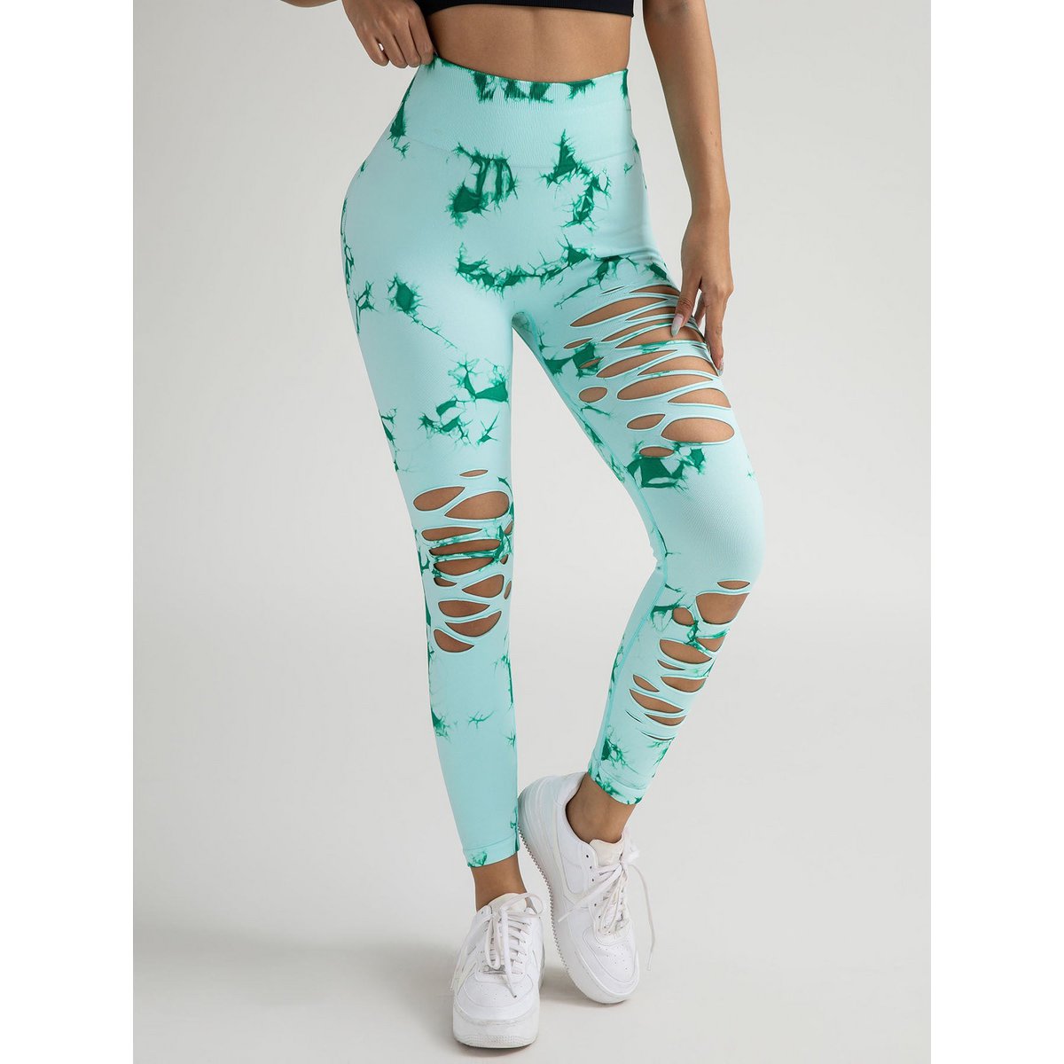 4er-Pack Yoga-Hosen im neuen Stil mit ausgehöhltem Batikmuster und hohem Bund für Bauchkontrolle