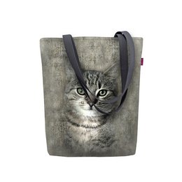 A canvas shoulder bag with a gray and white cat print. The bag has a rectangular shape, measures 38 cm wide and 40 cm tall, and has two handles for carrying.