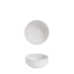  A round, white ceramic bowl with a smooth, glossy finish. The bowl has a simple, minimalist design and is suitable for serving various dishes or as a decorative piece.