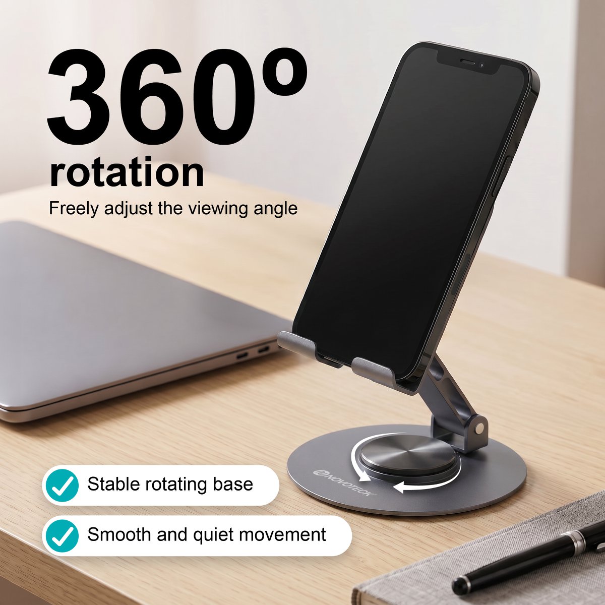 NOVOTECK Z-093 Soporte Giratorio Plegable para Teléfono – Soporte Metálico Ajustable 360° para Smartphones y Tabletas