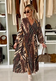 Lange geplooide jurk met print, V-hals en elastische taille