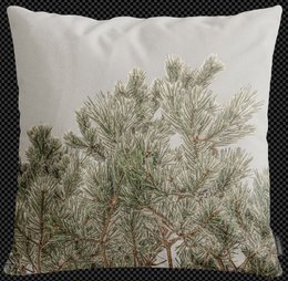 "Beige cushion cover with pine tree forest design, natural botanical pattern, 45x45 size"