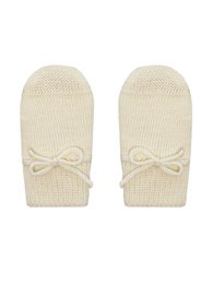 Cozy baby mittens in a soft, neutral beige color with a ribbed knit texture and delicate bow details. Suitable for infants aged 1-3 months and 3-6 months.
