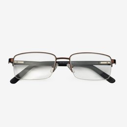  Rectangular metal eyeglasses with a dark brown frame.