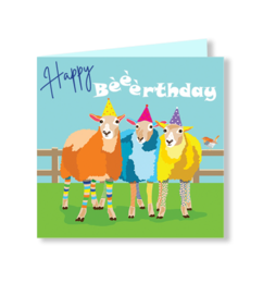 Birthday card with colorful sheep characters, turquoise blue background, festive greeting design