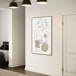 This abstract wall art features a minimalist line drawing of two figures in neutral tones, creating a modern and stylish piece suitable for a variety of home decor styles.