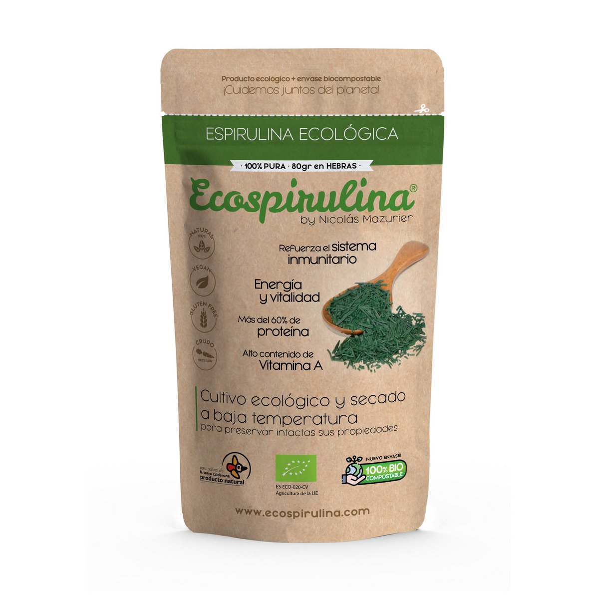 Pennini di Spirulina biologica / ESSICCATI A BASSA TEMPERATURA in SPAGNA