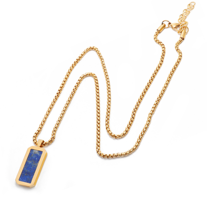 Men's Golden Stainless Steel Necklace with Rectangle Lapis Lazuli Pendant
