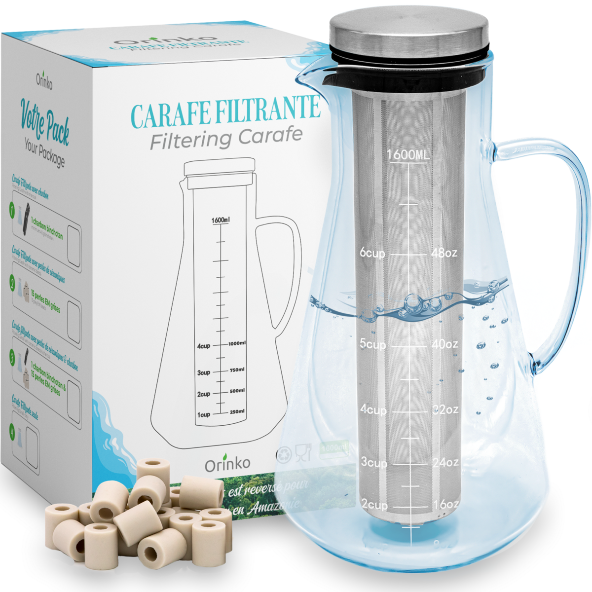 Zestaw oczyszczania wody: Carafe + 15 szarych ceramicznych koralików