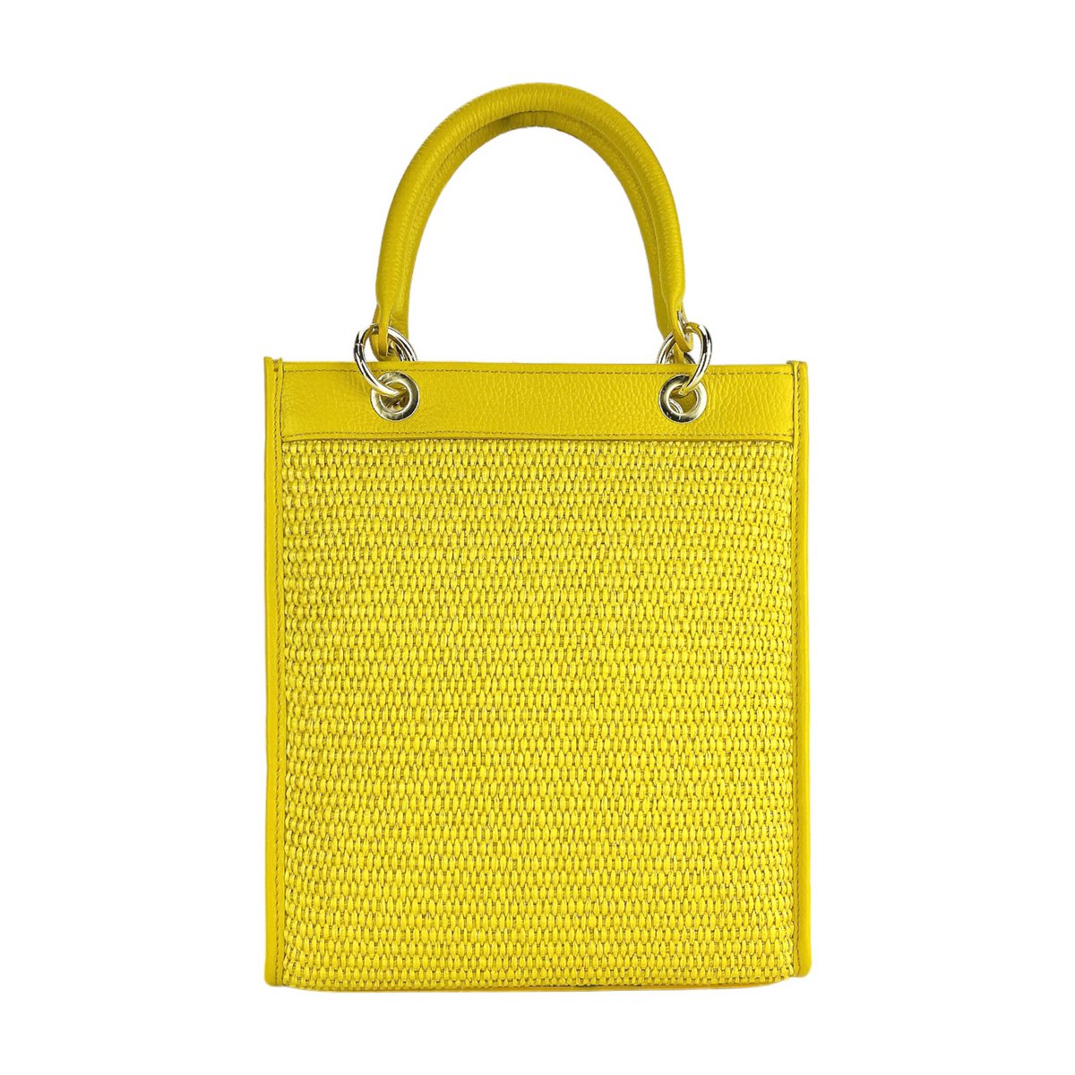 RB1026R | Verticale dameshandtas van echt leer en stro, gemaakt in Italië. Afneembare en verstelbare lederen schouderband. Accessoires van gepolijst goud - gele kleur - afmetingen: 24 x 29 x 9 cm