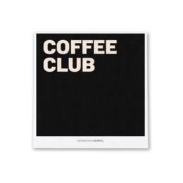 Black and white dish cloth with the text "COFFEE CLUB" printed on it.