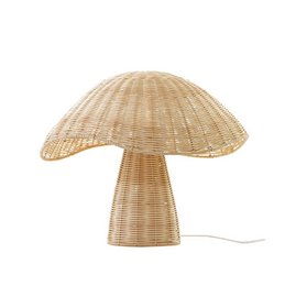  A natural woven rattan table lamp with a mushroom-shaped shade, designed for a child's room or nursery. The lamp has a warm, earthy tone and a whimsical, organic shape that would complement a nature-inspired decor theme.