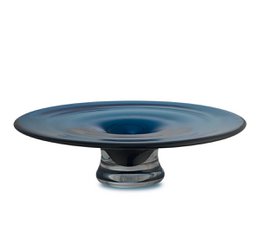 ronde platte vaas of schaal, diepblauw dik glas, handgedraaid: ALAIN