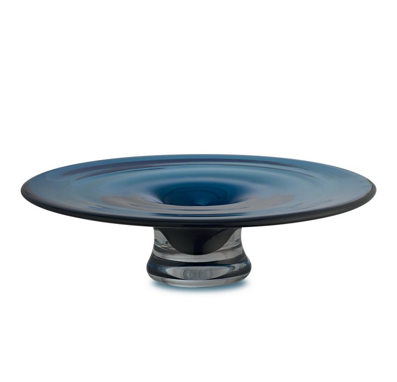 ronde platte vaas of schaal, diepblauw dik glas, handgedraaid: ALAIN