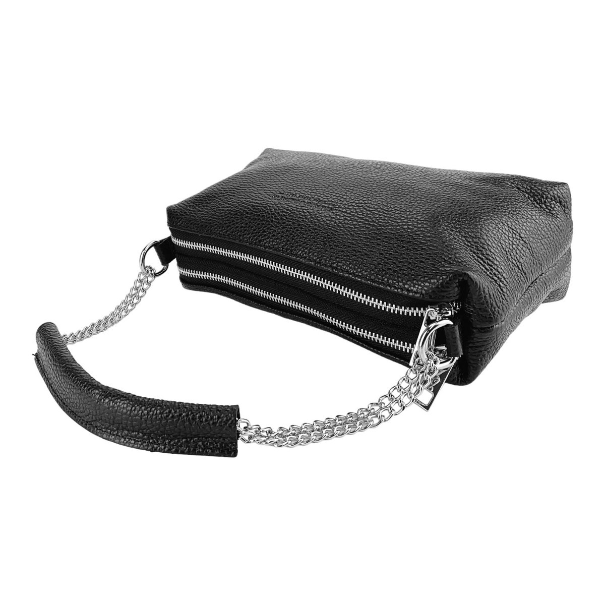 RB1025A | Damehåndtaske med dobbelt lynlås i ægte læder Fremstillet i Italien. Justerbar læder skulderrem. Poleret nikkel tilbehør - Sort farve - Mål: 26 x 14 x 9 cm