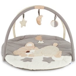 Soft, plush playmat with hanging toys and activity sheet for baby's development and entertainment.