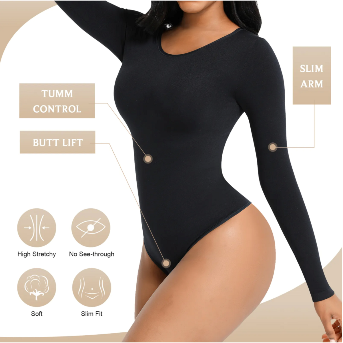 Bodysuit Shapewear - Sort - Rund halsudskæring - Langærmet