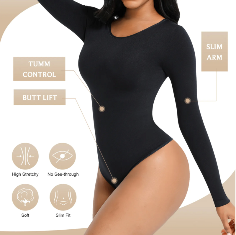 Bodysuit Shapewear - Sort - Rund halsudskæring - Langærmet