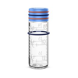 A compact, clear glass travel bottle with blue and red accents. The bottle features measurement markings and a twist-off lid for easy use on the go.
