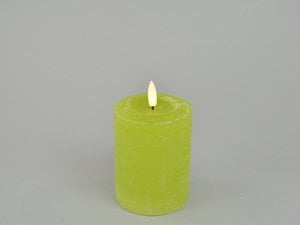 LED candle, 07 dark-lime green, D7.6xH10cm, remote/off/timer-6 hours, FB optional, 2xAA