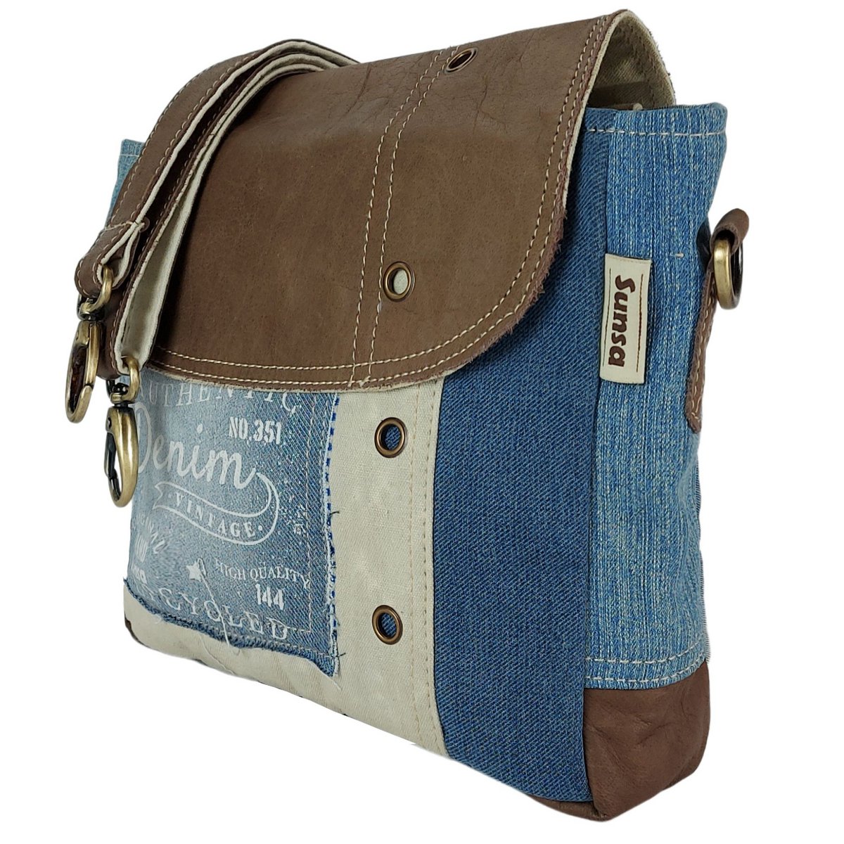 Sunsa damestas. Handtas gemaakt van upcycled jeans en canvas. Schoudertas in messenger-vorm. Schoudertas in vintagestijl. Grote crossbodytas voor dames