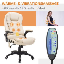 Silla de oficina con función de masaje, función de calor, altura regulable, función de inclinación, silla de oficina de masaje, blanco crema + negro
