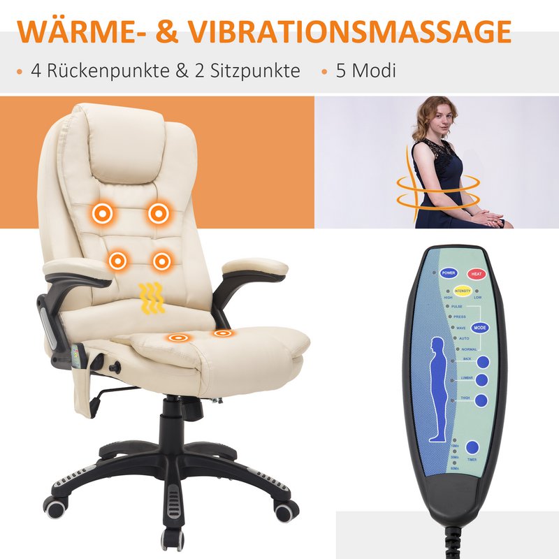 Silla de oficina con función de masaje, función de calor, altura regulable, función de inclinación, silla de oficina de masaje, blanco crema + negro