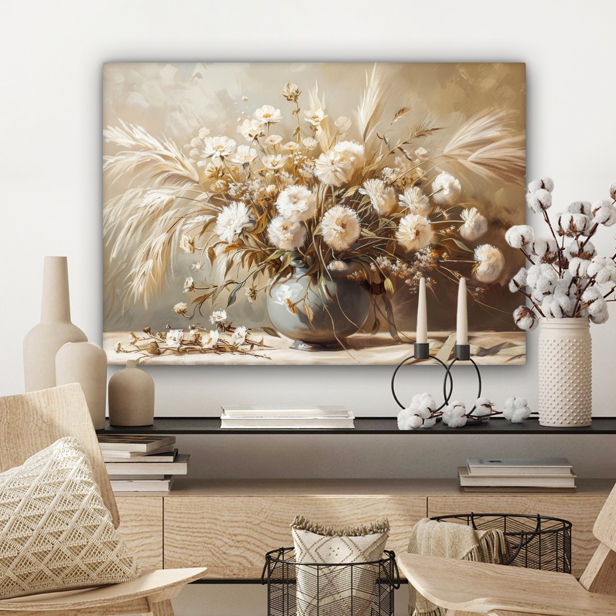 Pintura de lienzo - Decoración de pared - Flores - Rosa - Moderno - Beige