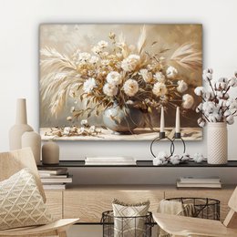 Lærredsmaleri - vægdekoration - blomster - lyserød - moderne - beige