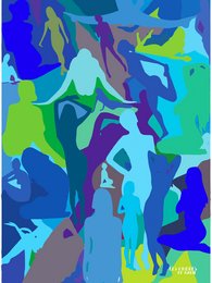 Vibrant abstract poster featuring colorful silhouettes of figures in various poses against a blue and green background.