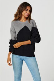 Blokerfarve afslappet strik jumper top i grå og sort