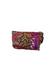 Vibrant patterned pencil case with leaf and floral designs in shades of red, pink, and gold.