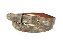 A brown leather belt with a green camouflage pattern, suitable for casual or outdoor wear.