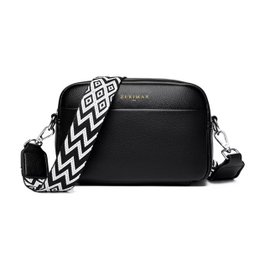  Black leather crossbody bag with geometric patterned strap, compact rectangular shape, shoulder bag