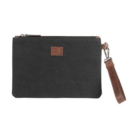 K0027AB | Wrist Pouch in Canvas/Genuine Full Grain Volanata Leather - Color Black/Dark Brown - Polished Nickel Accessories. Dimensions: 25.5 x 17.5 x 1 cm - Packaging: Tnt bag