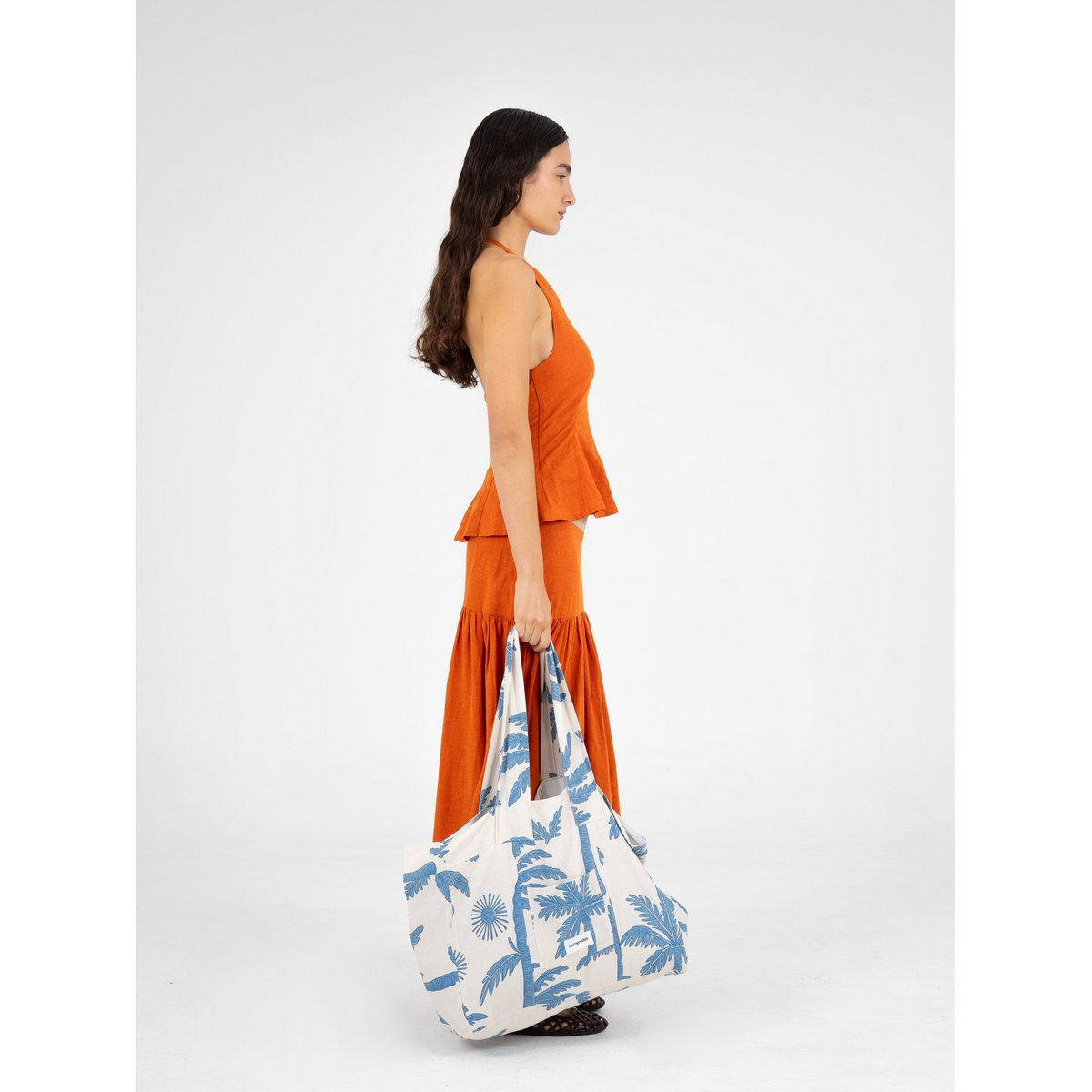 Elios Palm-Printed Linen Beach Bag