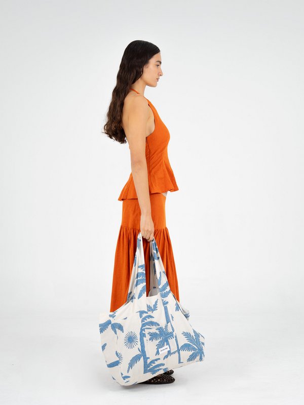 Elios Palm-Printed Linen Beach Bag