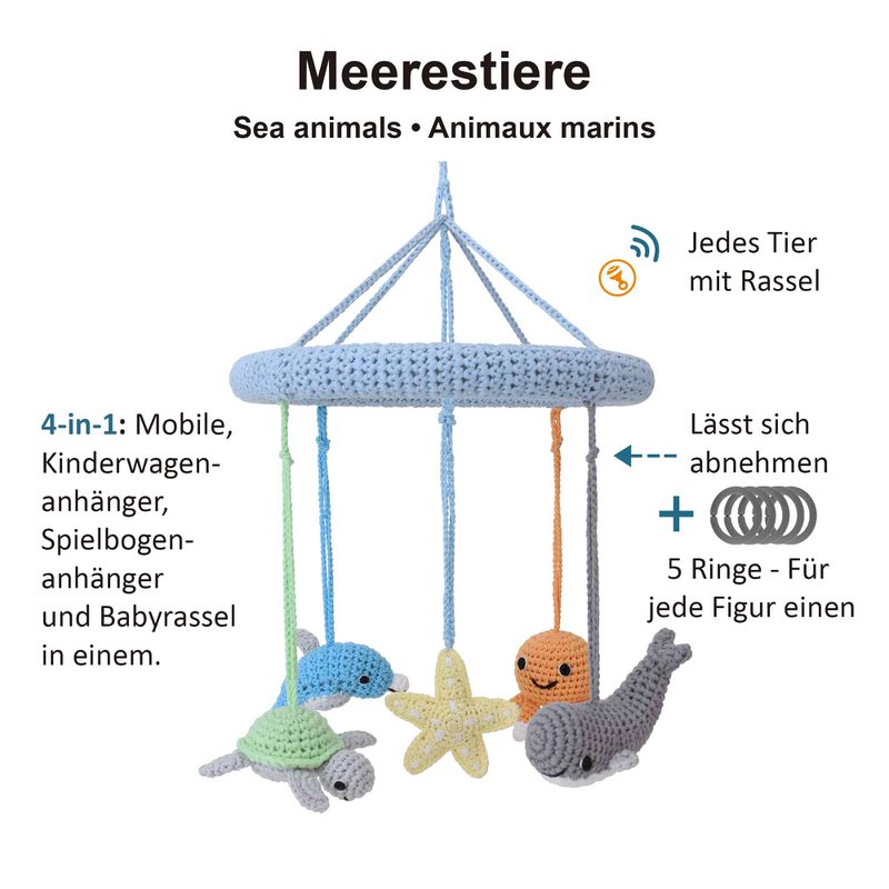 Multifunctional 4in1 baby mobile SEA ANIMALS (crocheted)