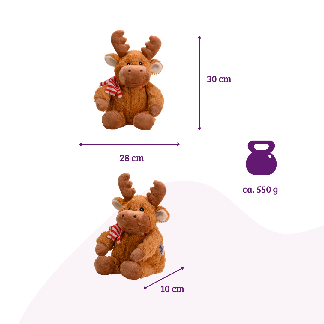 Heat cushion, the natural hot water bottle as a warm cuddly toy, large moose with organic millet filling and health herbs