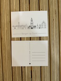 Postcard featuring a skyline illustration of Bergen op Zoom, a city in the Netherlands. The postcard depicts the city's iconic buildings and landmarks in a minimalist, line-drawing style.